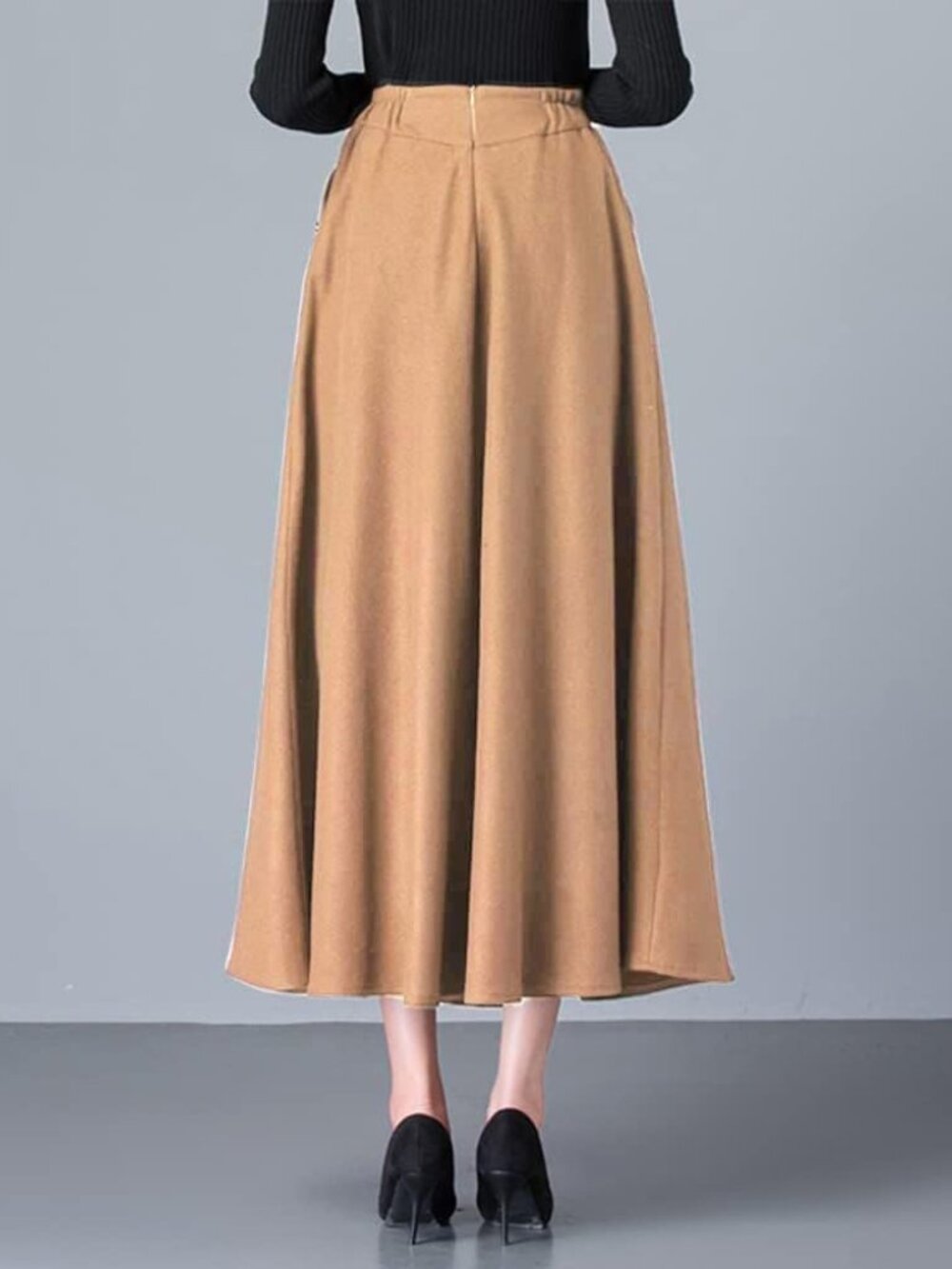 Women's Khaki Fall Winter High Waisted Wool Plaid A-line Long Pocket Maxi Skirt - Picture 3 of 6